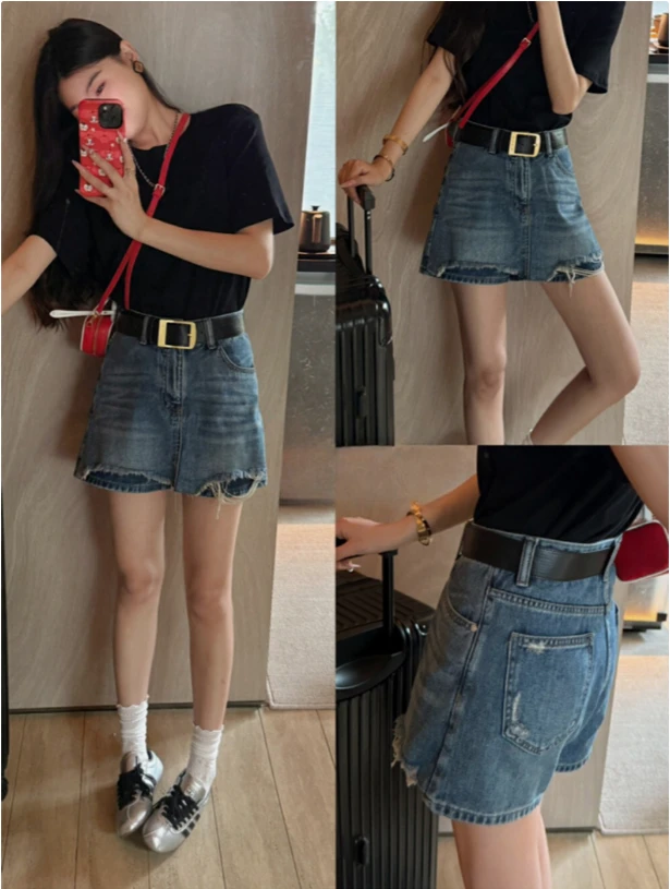 破洞毛边a字牛仔裙裤女2025夏季新款高腰显瘦短裤牛仔裤裙
