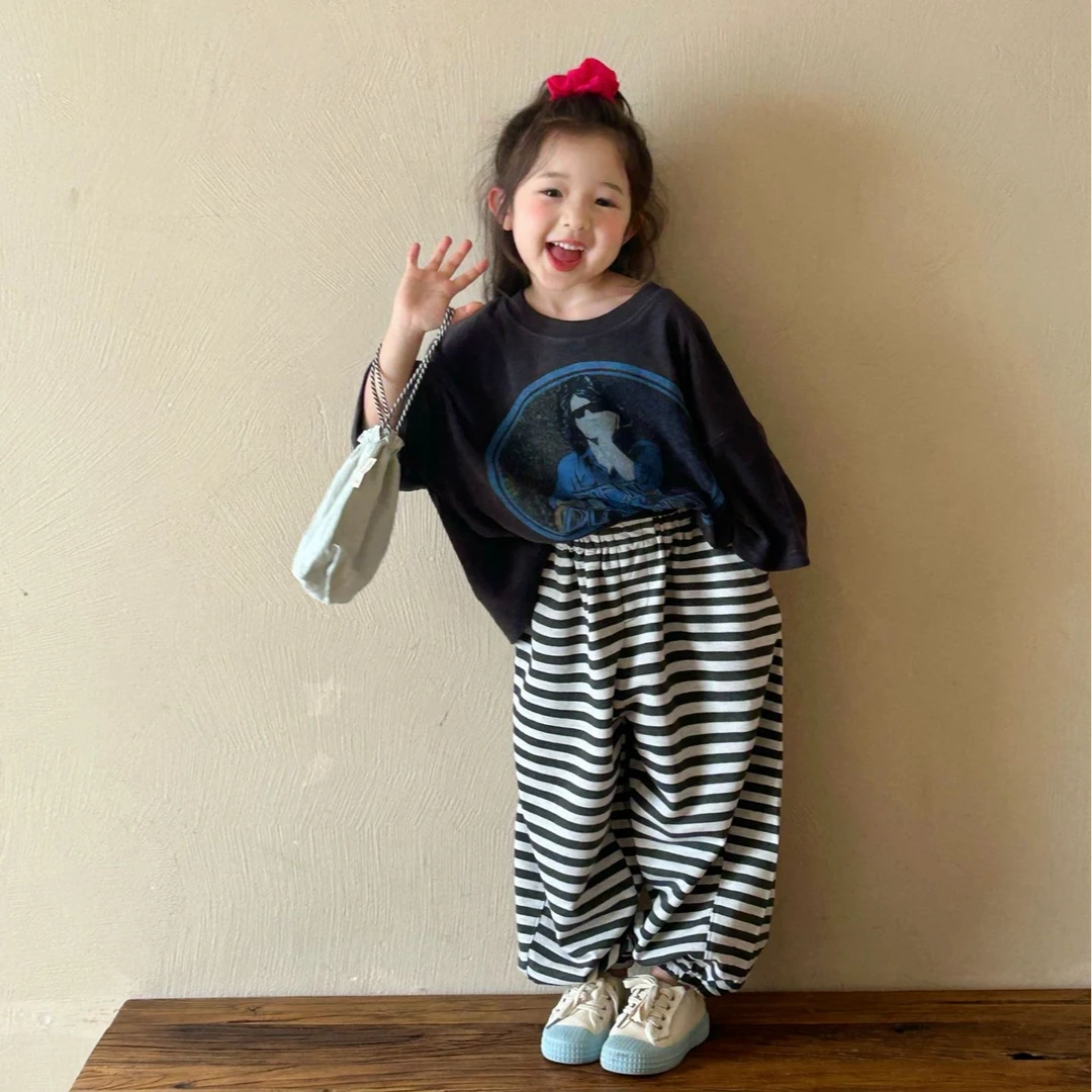 2025春季款男女童休闲卡通毛巾七分袖T儿童百搭休闲条纹卫裤套装