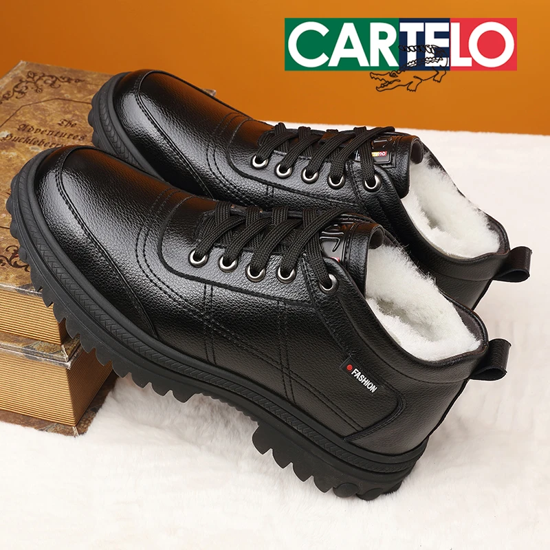 卡帝乐鳄鱼棉鞋男士新款冬季加绒保暖加厚真皮羊毛中年爸爸雪地靴