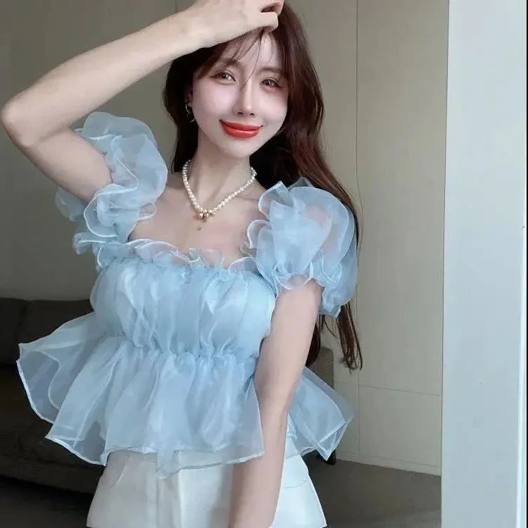 一字肩雪纺衫女装夏季辣妹设计感小众法式泡泡袖甜美短款上衣性感