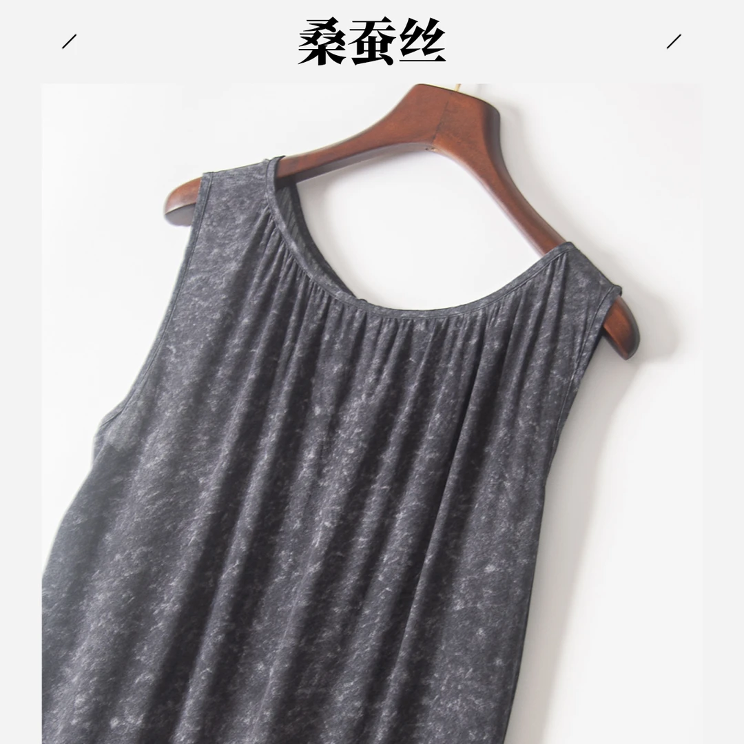 气质典雅桑蚕丝双绉连衣裙真丝背心裙大码夏季无袖女士显瘦宽松