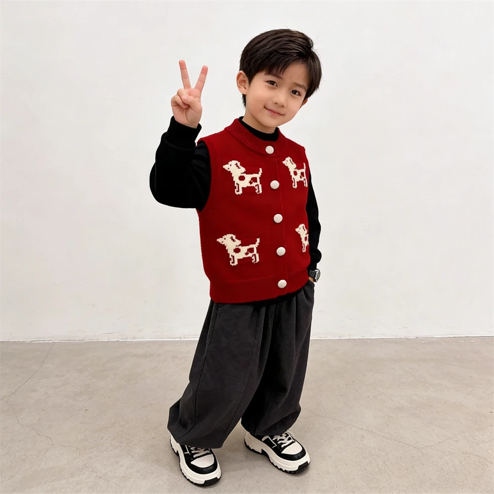 儿童卡通针织马甲开衫2026年秋冬新款无袖红色男女童外穿毛衣坎肩