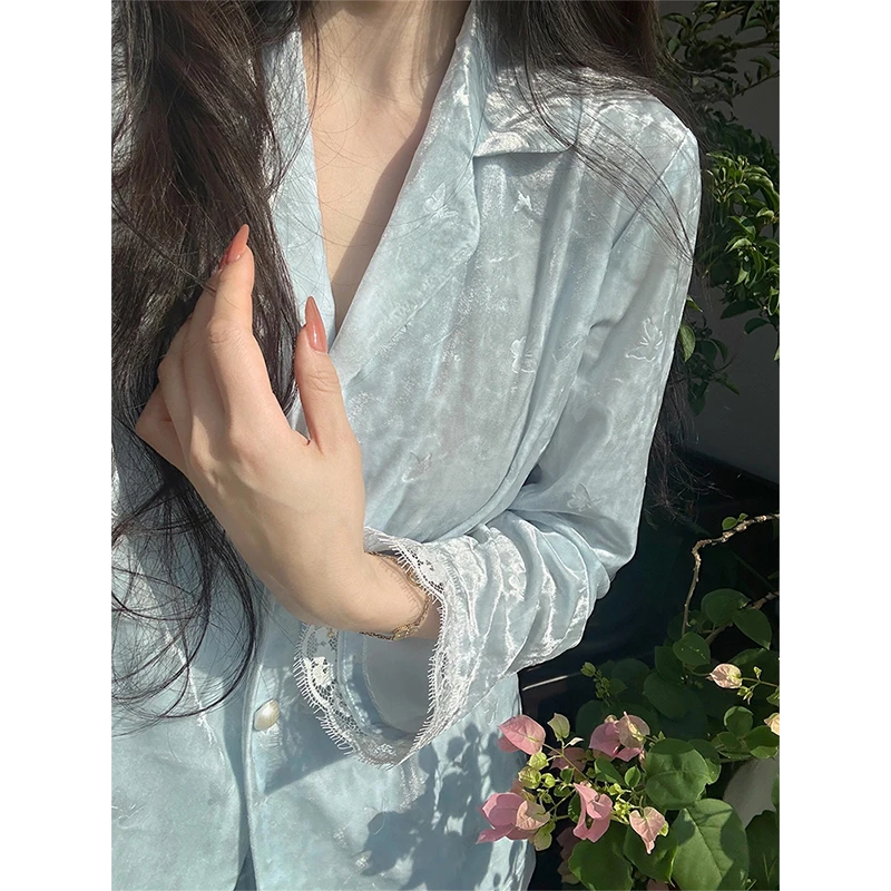 【蓝色蝴蝶】简约风纯色印花蕾丝金丝绒睡衣女秋冬新款家居服套装