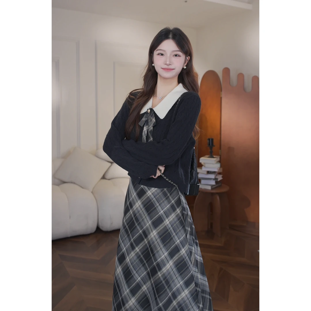 鹿向南《后歇周末》学院风蝴蝶结显瘦针织衫半身裙套装DYL661287