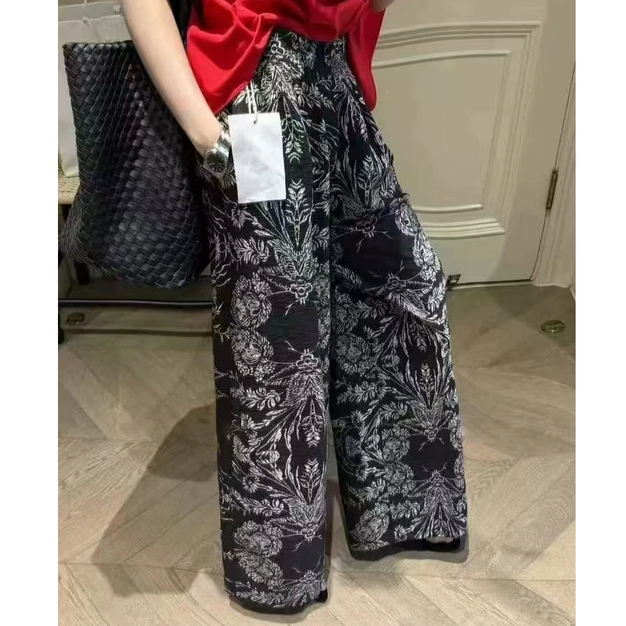 D25556夏季薄款新款复古花卉宽松直筒松紧腰阔腿薄款休闲裤
