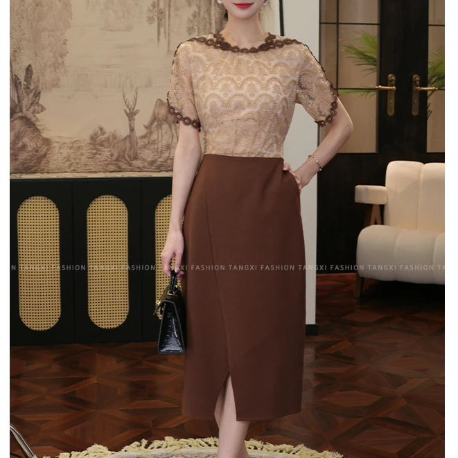 现货2025夏季新款【H24-X40】时尚优雅蕾丝拼接名媛收腰连衣裙子女