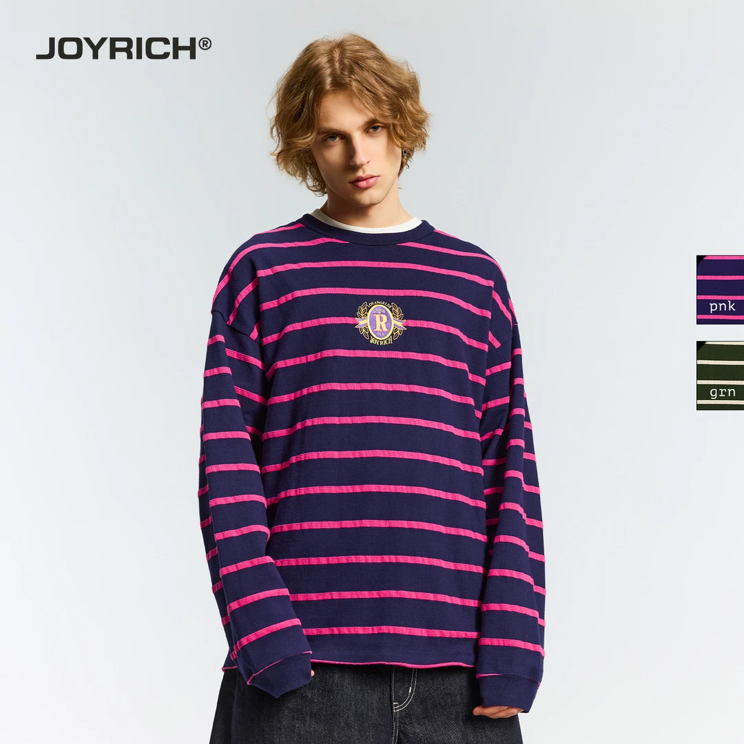 JOYRICH美式复古徽章绣花宽松休闲条纹长袖T恤25秋男女同款