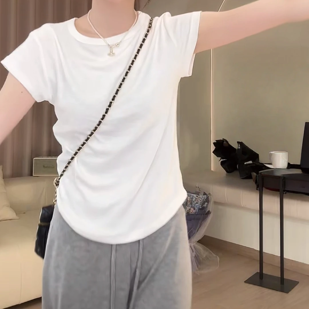 韩系休闲百搭时尚减龄基础显瘦短袖女2025夏季新款简约纯色上衣