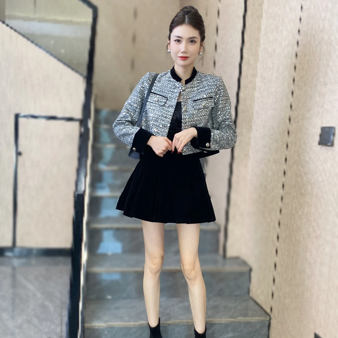 一套搭配小香风套装裙女秋季重工立领修身外套丝绒百褶裙两件套裙
