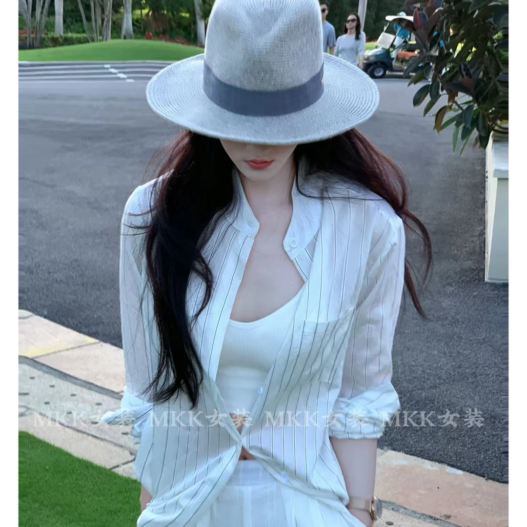 韩系立领条纹衬衫女2025年春夏季法式宽松百搭慵懒风衬衣防晒上衣