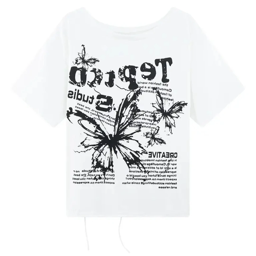 常规耐磨御姐风夏季短袖套装T恤ol蝴蝶印花宽松