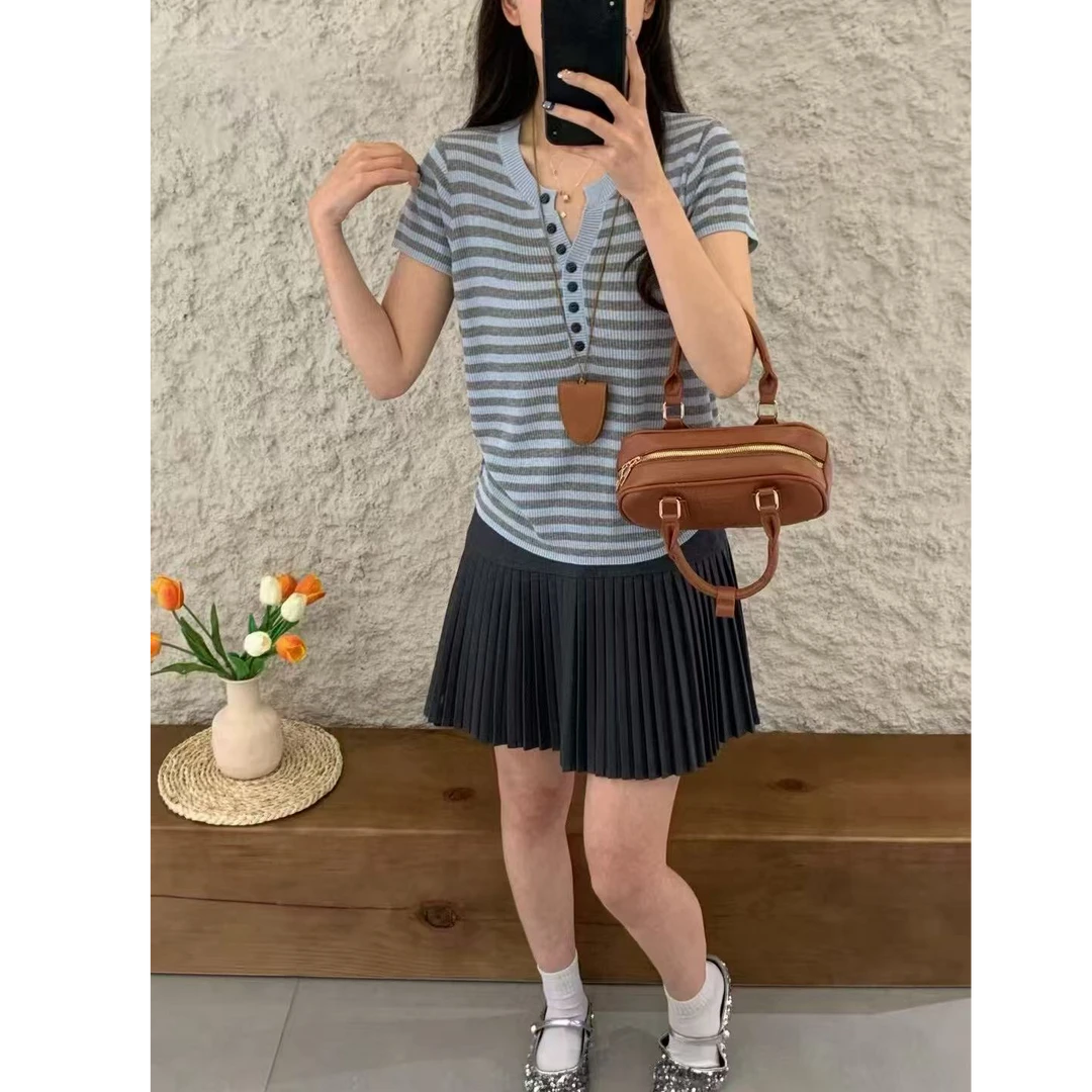 B850【线下同款】莱赛尔+亚麻~高定！短袖剪刀领纽扣夏季女针织衫清