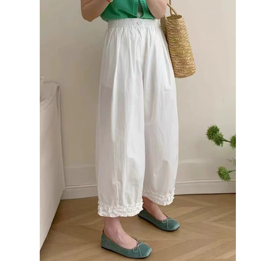 8561木耳边白色窄版阔腿裤女夏百搭高腰休闲直筒九分裤