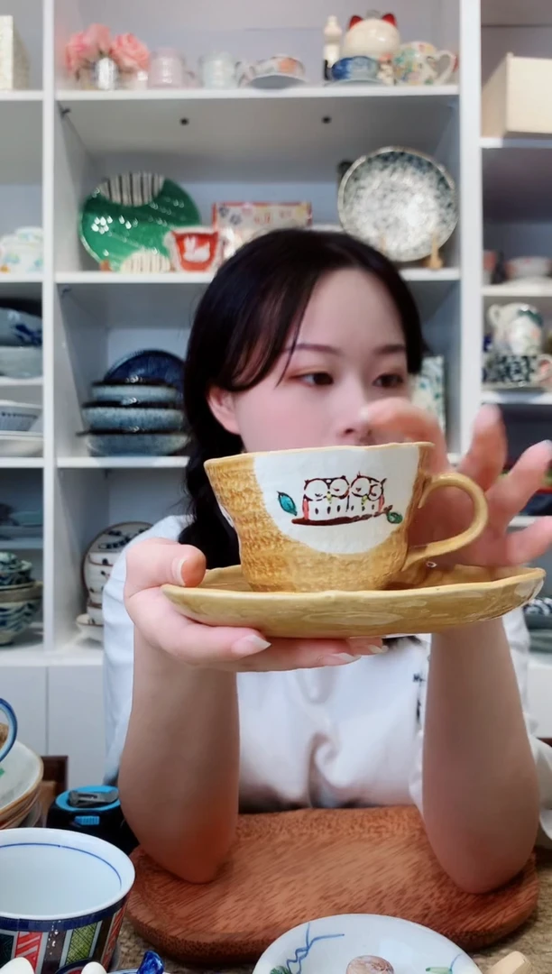 陶瓷【孤品】濑户烧手绘粗陶猫头鹰咖啡杯碟