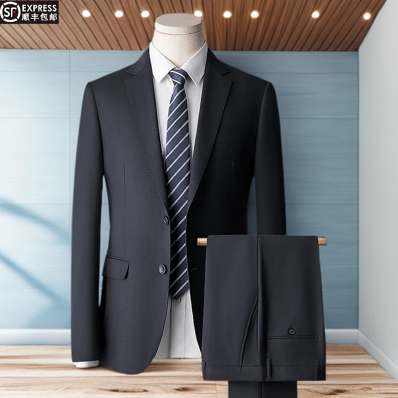 汤米结婚新郎西服套装男修身商务职业正装男士西装两件套黑色礼服