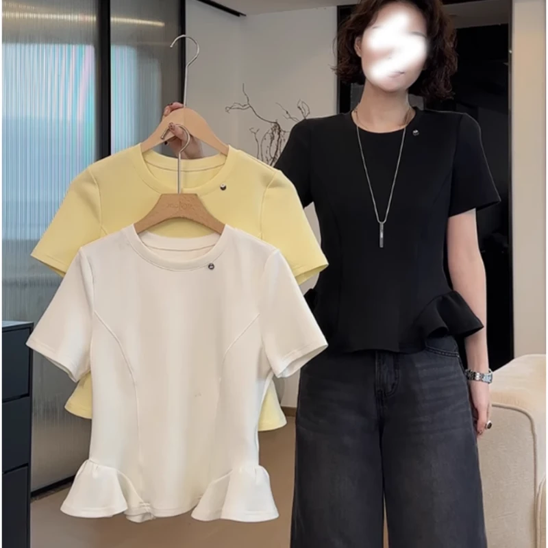 韩版时尚收腰显瘦短袖t恤女2025年夏季新款打底上衣洋气百搭体恤