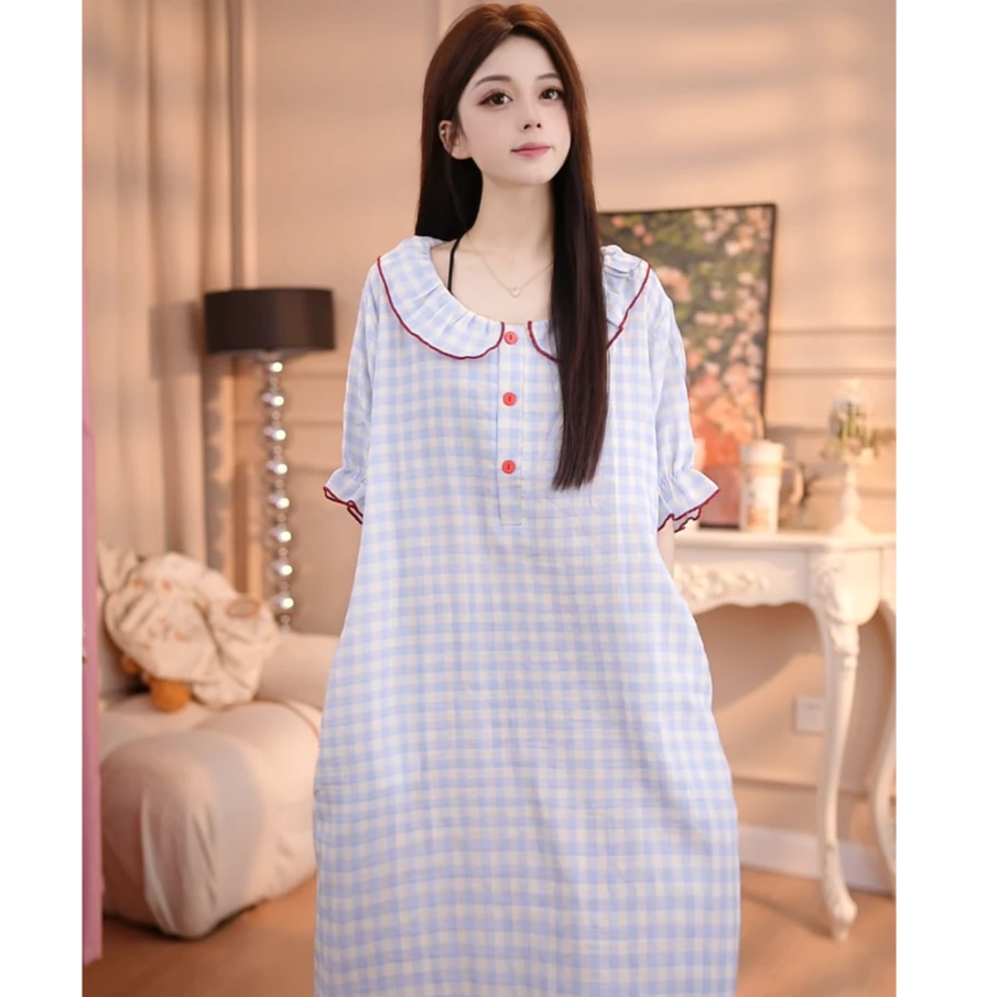 【蓝色格纹】女睡裙舒适纯棉休闲夏季薄款印花甜美时尚