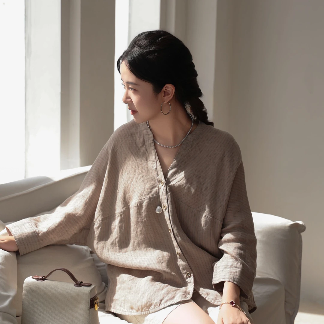 比利时进口高支纱色织亚麻色织彩虹纱【衬衫】细条纹上衣FSY50572