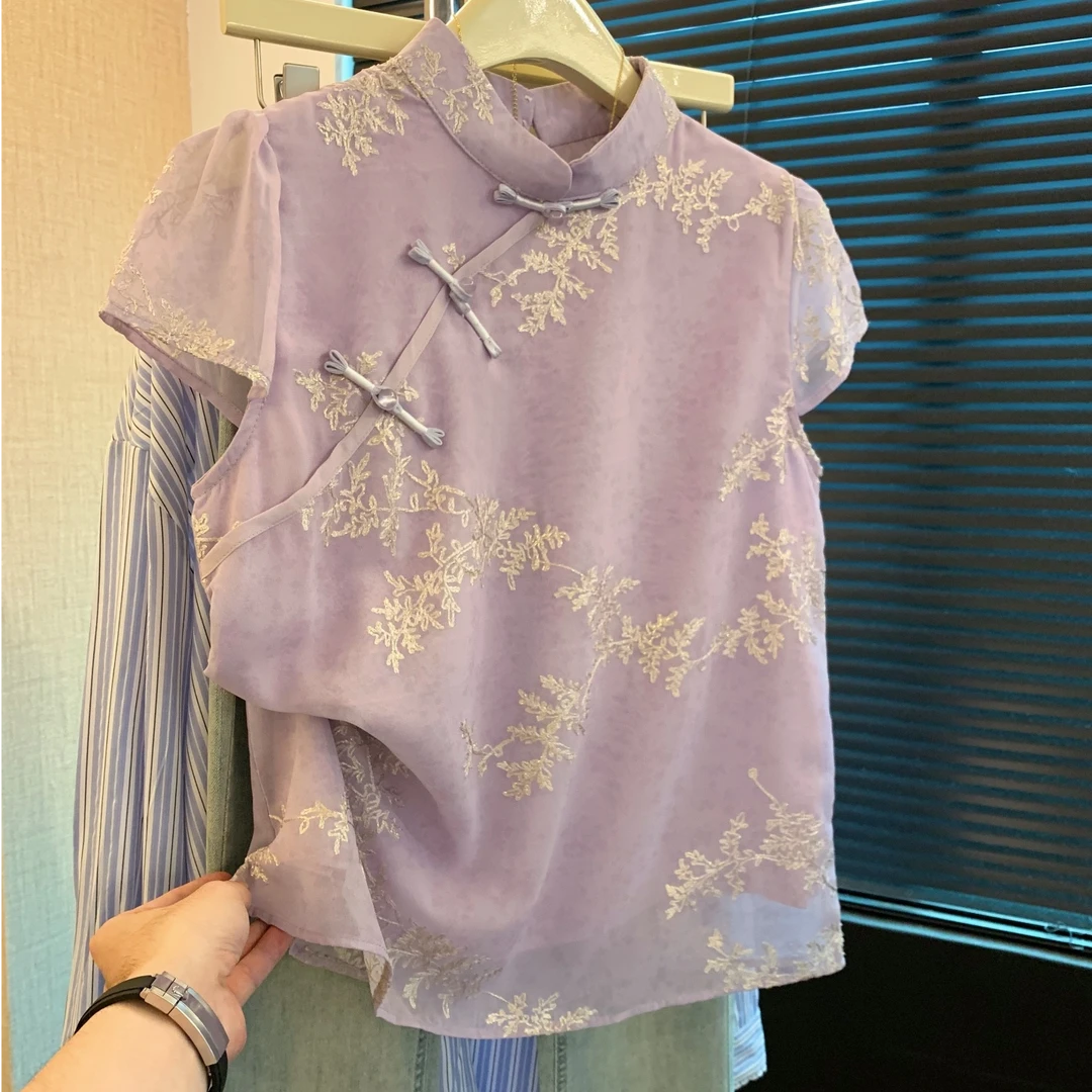 夏季新中式亮片刺绣紫色衬衫女小飞袖衬衣国风盘扣旗袍领气质上衣