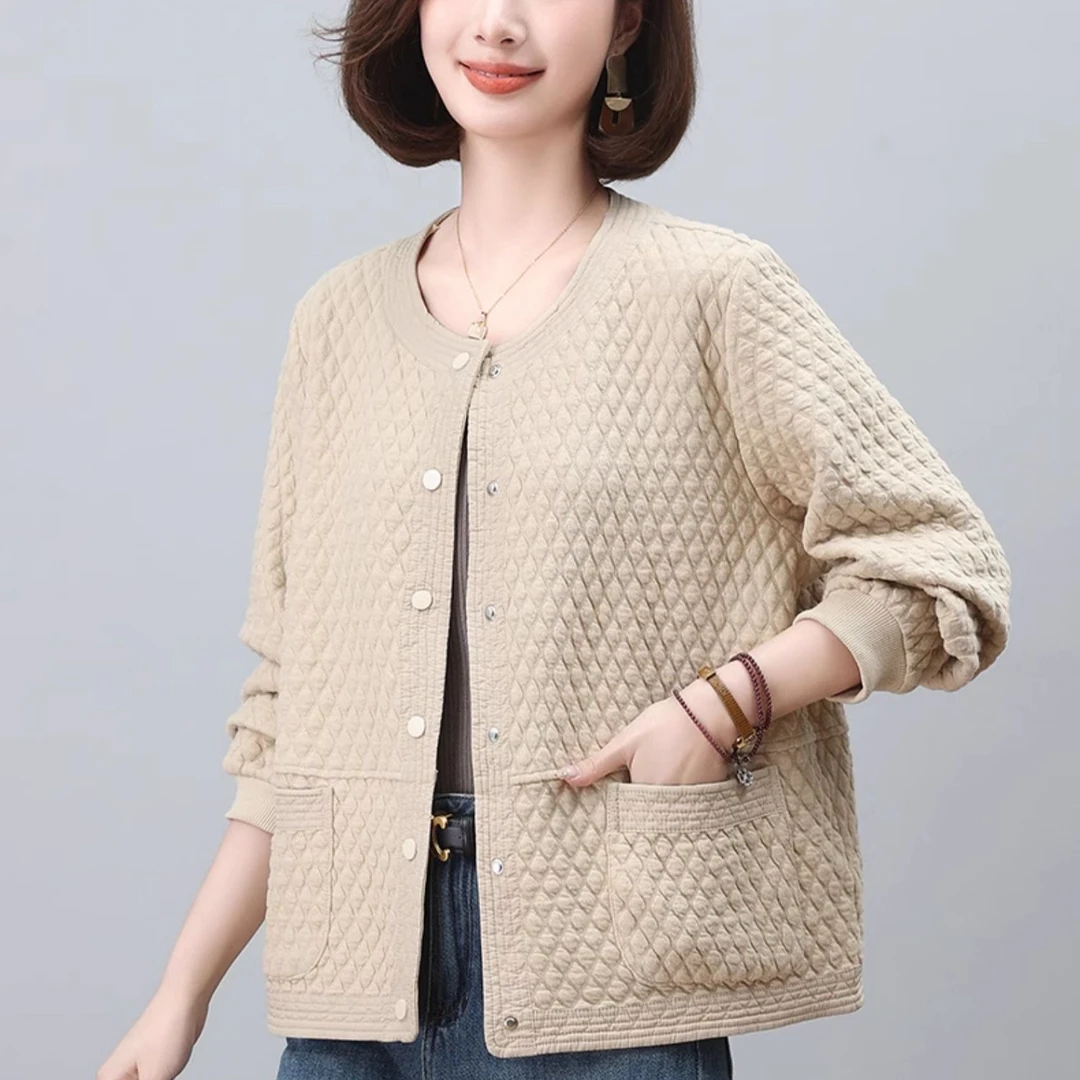 中老年泡泡棉菱格圆领开衫外套女2025春秋宽松暗扣休闲短款夹克