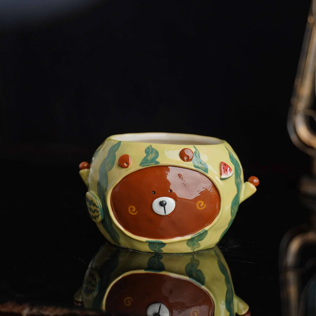 当代  虚渡 | 手捏棕色小熊西瓜碗