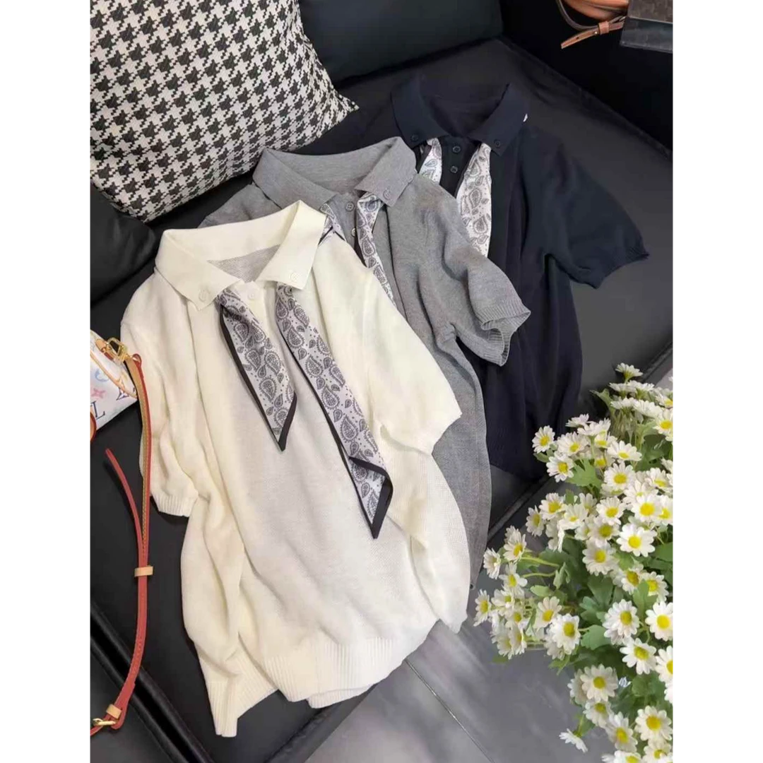 TY5 【丝巾Polo衫】韩系简约显瘦百搭Polo衫（衣长52）