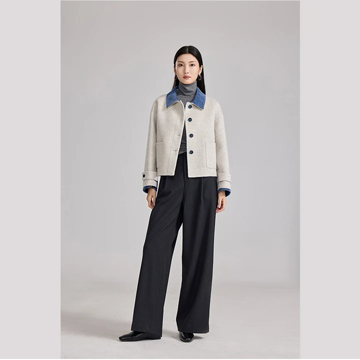 绵羊毛撞色翻领毛呢外套女短款气质宽松假两件开衫上衣85095