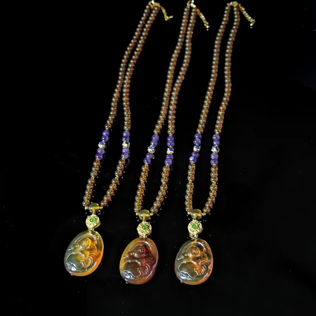 M2562【任会长珠宝】棕红蓝珀琥珀佛公吊坠-配珠链-多样性只发一件