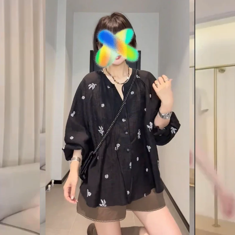 2025夏季新款长袖气质时尚黑色春夏宽松韩版显瘦衬衫