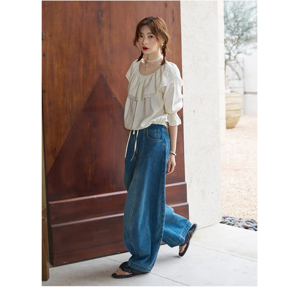 「白描工作间」"马克达街"复古高腰牛仔裤灯笼裤阔腿宽松休闲长裤