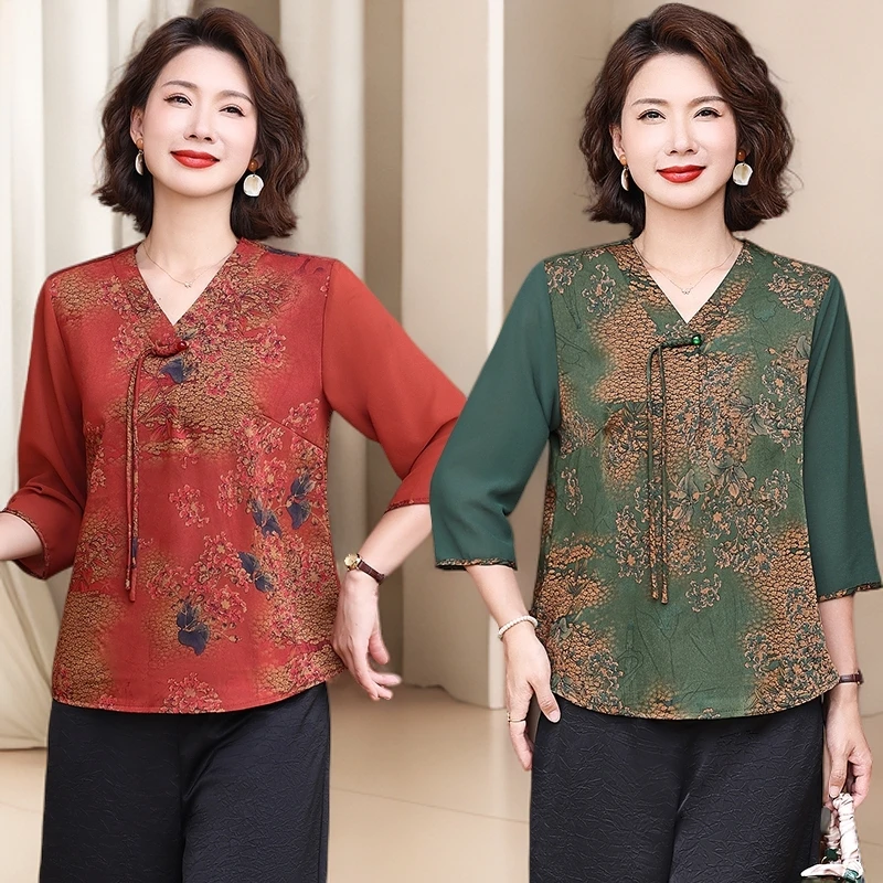 新中式国风阔太太气质休闲中老年女中袖T恤上衣春秋季妈妈装衣服