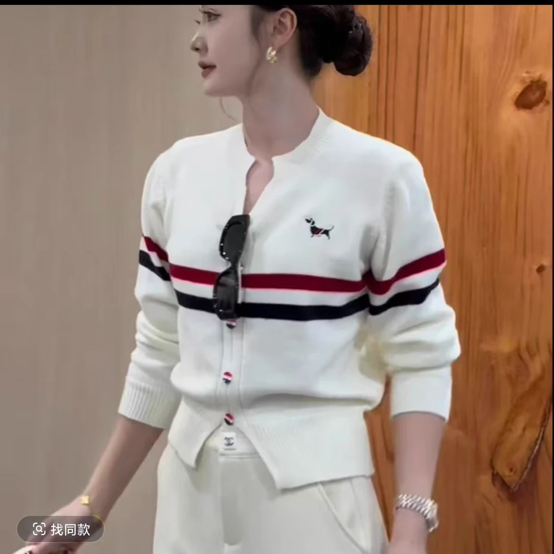 休闲简约条纹拼色半开V领短袖针织衫女g-1221