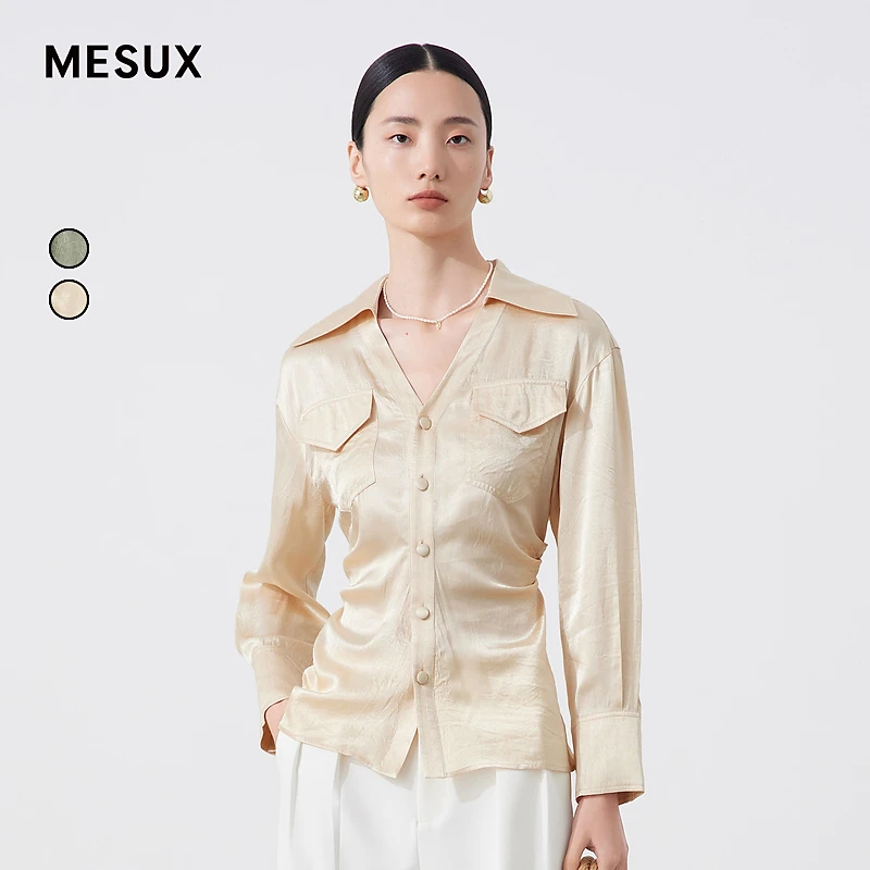 【许半夏专享】MESUX米岫绸华丽缎面飘逸贴袋口袋衬衫MKSDC405