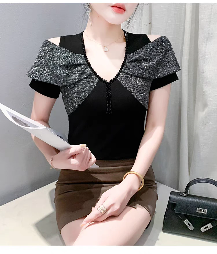 2025夏季新款欧货气质V领拼接烫钻短袖T恤女洋气轻奢百搭露肩上衣