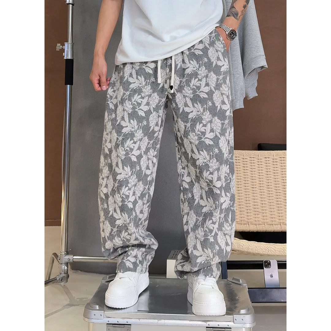 【语乐】YL-6891复古花卉提花休闲裤春季休闲宽松阔腿垂感直筒长裤