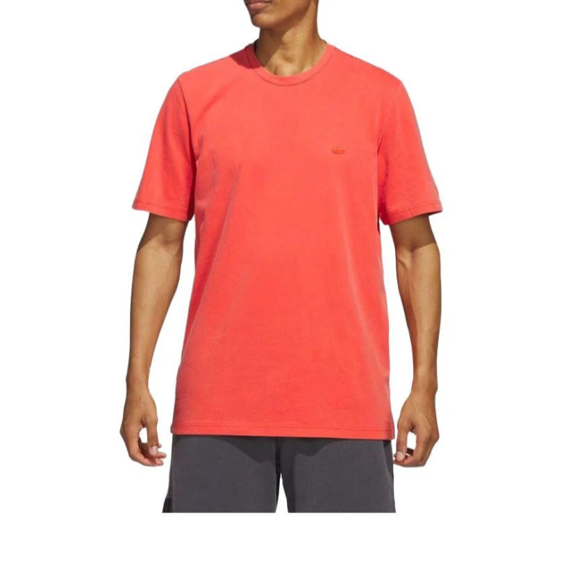 adidas 三叶草 纯色徽标刺绣罗纹圆领短袖T恤 男款 橘红色