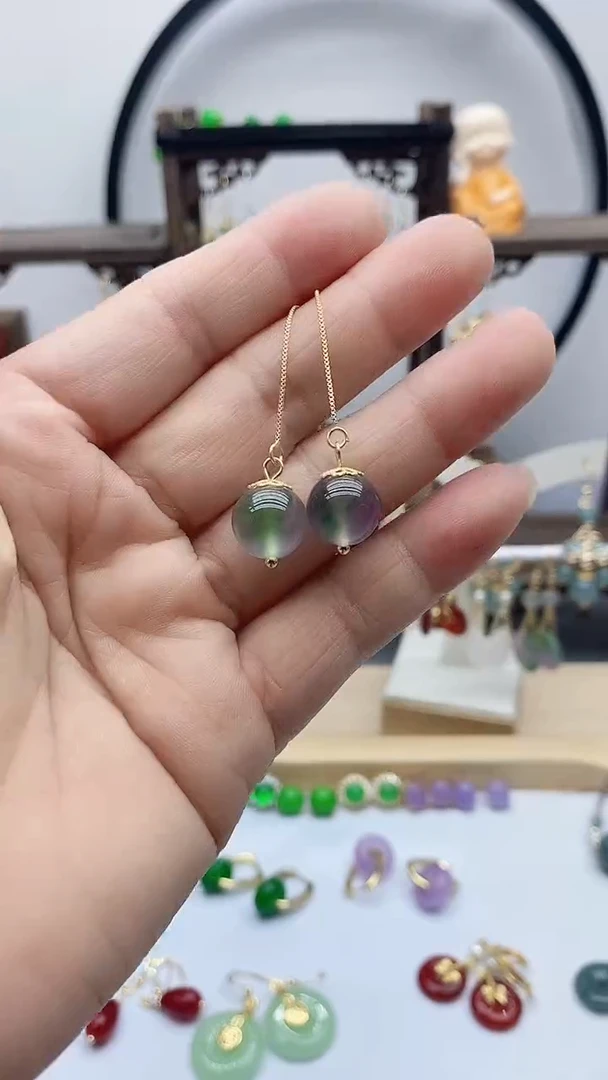 14K金镶嵌石英质玉（非洲翠）耳饰28