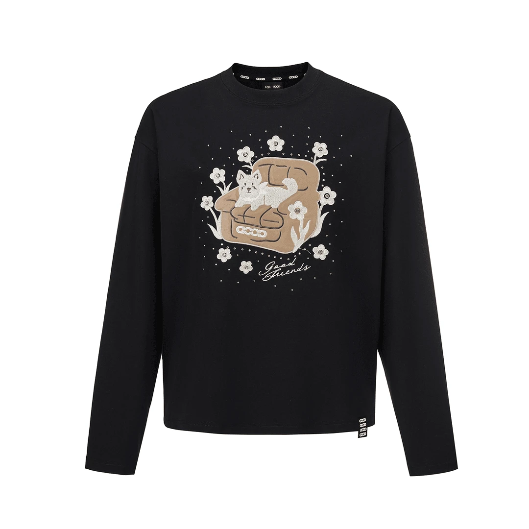 GOODBRAND烫钻小狗毛巾绣长袖T恤