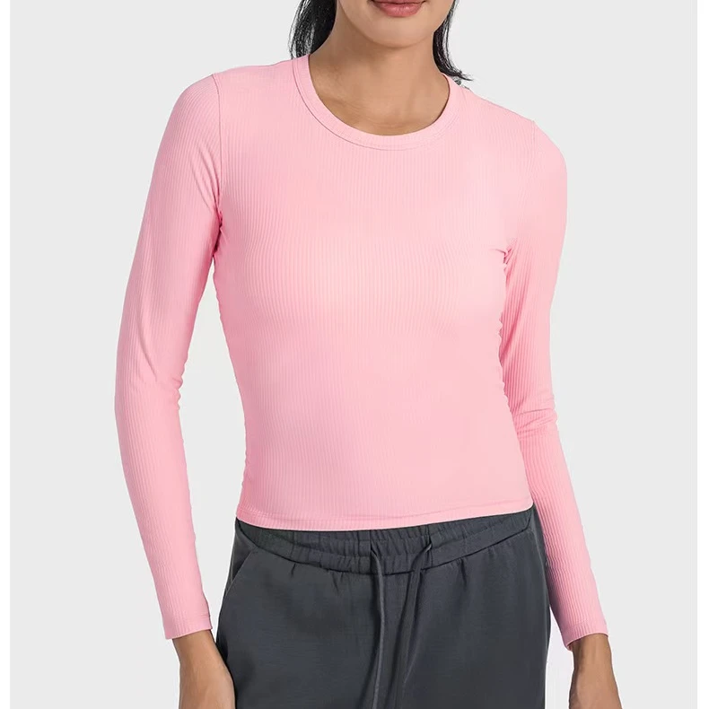瑜伽服竖条罗纹2.0高弹塑形运动长袖T恤收腰显瘦圆领打底瑜伽上衣