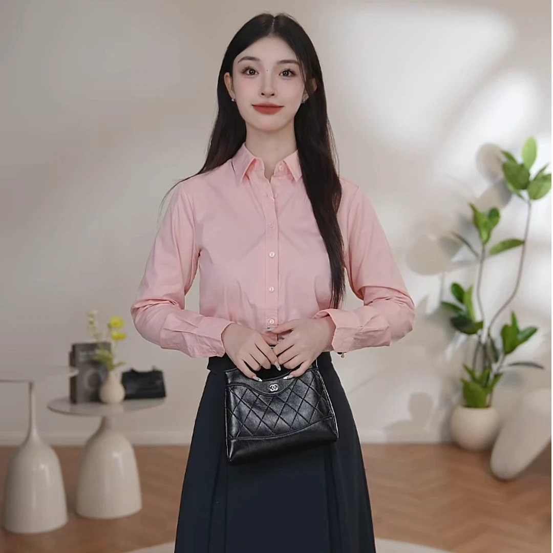 【曼贝】秋季气质女士粉色爆款上衣百搭时尚长袖衬衫0920002【珮珮】