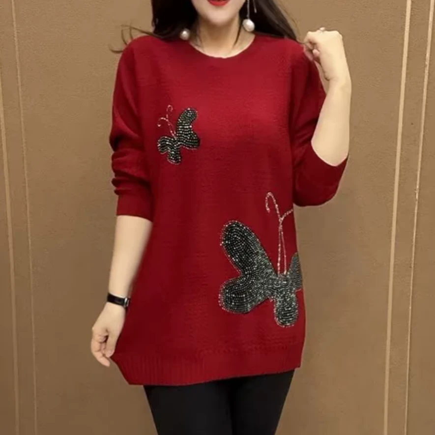 秋冬季时尚减龄圆领休闲高档针织妈妈宽松百搭气质显瘦中长款毛衣