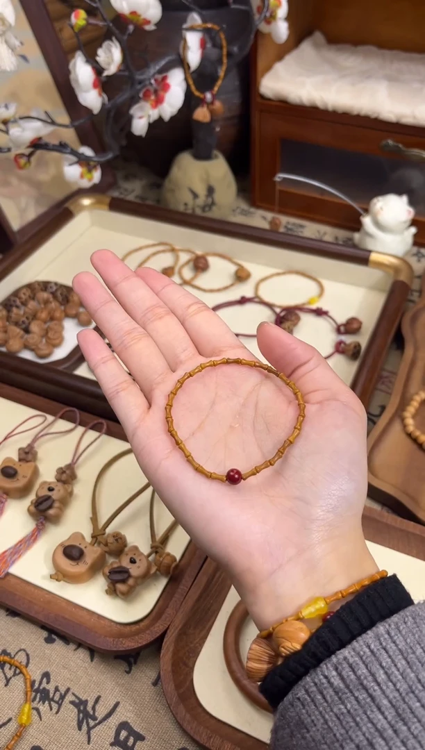 手串桃核【桃缘序】竹节「红色莎莎」桃木桃核辟、挡、驱、护 备注手围