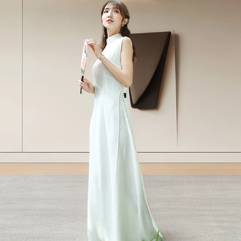 特价广州奥黛中式长款气质改良旗袍兰瑟薇长旗袍无袖旗袍复古旗袍