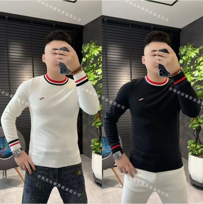 9982 秋冬红领针织衫 毛衣冬季潮男时尚加绒潮款男士潮流修身