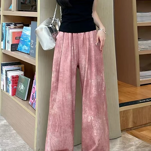 扎染休闲裤夏季薄款冰丝裤小个子高腰阔腿裤宽松显瘦垂感拖地裤女