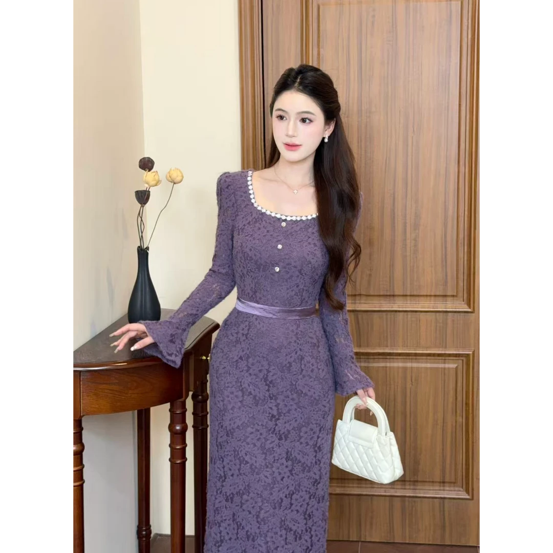 LiLi李李家【紫棠】温柔风知性紫色蕾丝收腰显瘦连衣裙XMZH9585