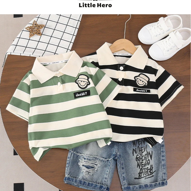 男童夏季2025新款儿童宝宝短袖套装条纹时尚休闲翻领帅气两件套潮
