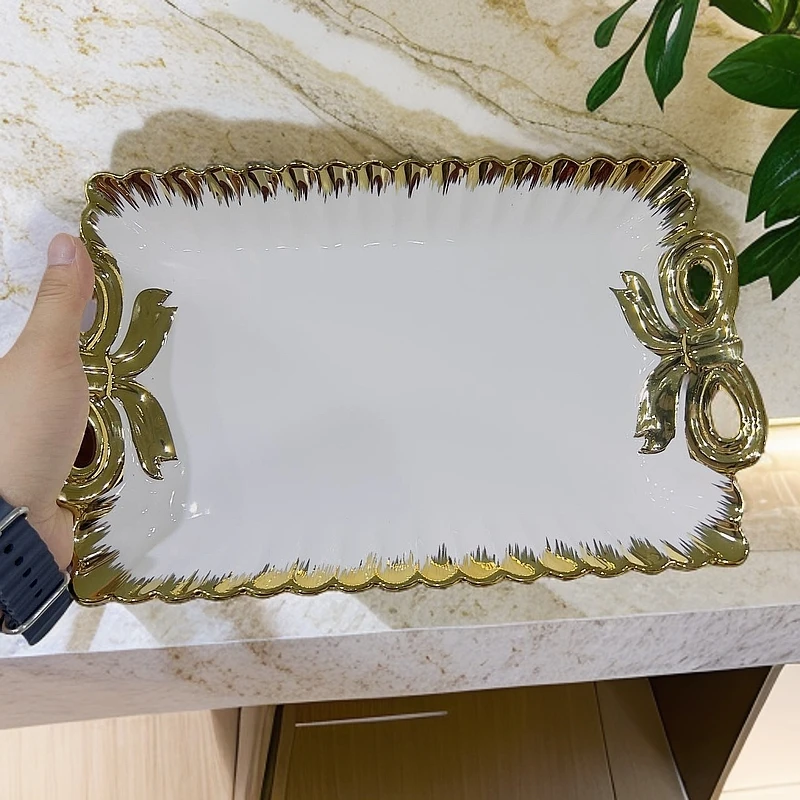 新疆包邮 【金边色长方形小盘子】 轻奢陶瓷纯白家用好看
