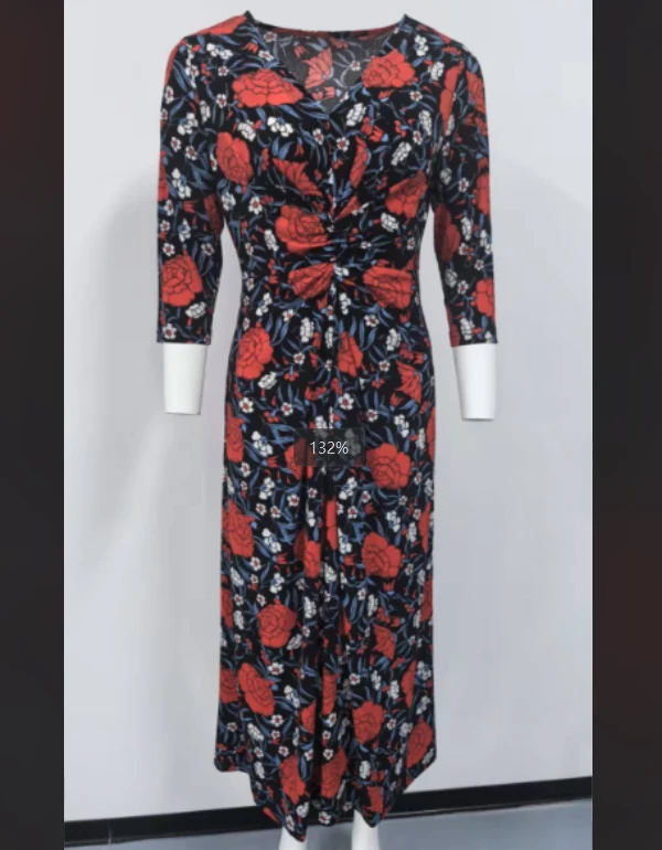 朱珠明星同款魅惑热情红玫瑰印花扭结收腰长袖连衣裙女