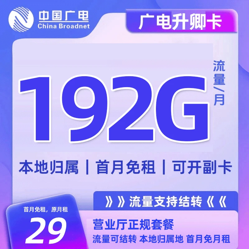 本地归属地中国广电29元192g升卿卡流量卡电话卡手机卡不限速5G